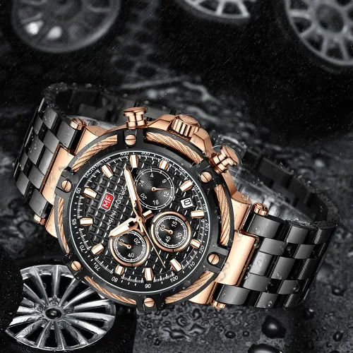 Miniatura 2 de MF MINI FOCUS Relojes de negocios para hombre (cronógrafo/resistente al agua/luminiscente/calendario/24 horas) Relojes de cara grande con banda