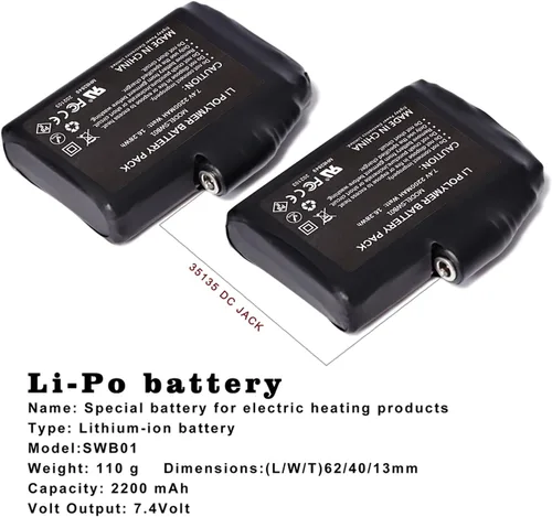 Miniatura 2 de Sun Will Baterías recargables de 7.4 V 2200 mAh para guantes calefactados, calcetines, sombreros, pasamontañas, máscara de esquí, ropa