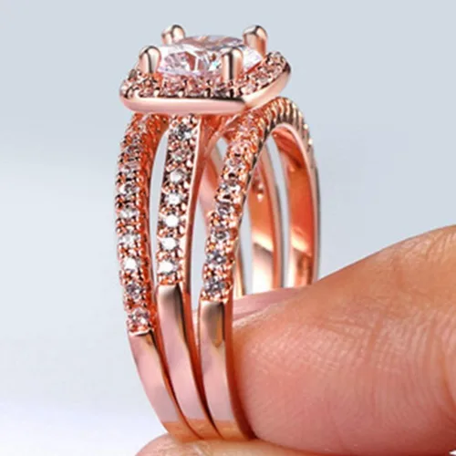 Miniatura 3 de Juego de anillos de compromiso de boda tres en uno de oro rosa plateado, Metal, Zirconia cúbica