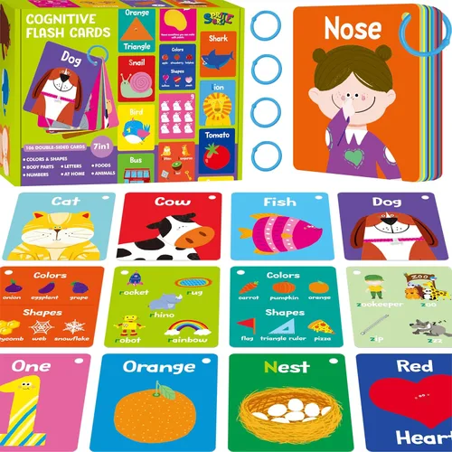 Miniatura 10 de 51 PIEZAS Tarjetas cognitivas en español para bebés, impresas a doble cara, 7 en 1 tarjetas coloridas, alfabeto, números, alimentos, animales