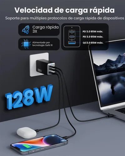 Miniatura 2 de Cargador de pared USB C de 128 W, estación de carga rápida de 3 puertos GaN III, bloque de cargador plegable PD QC, adaptador portátil de 65 W