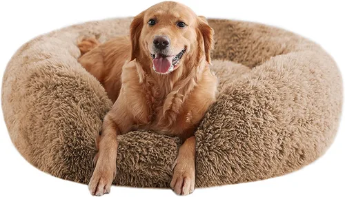 Camas calmantes para perros grandes, cama para perros acolchonada de dona de piel sintética, almohada redonda y esponjosa, cama lavable para