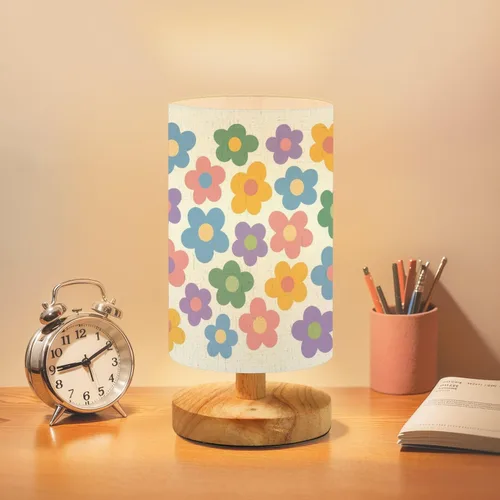 Lámpara de mesita de noche, bonita y moderna, con flores vintage, tonos pastel, lámpara de escritorio regulable de los años 60 con pantalla de tela