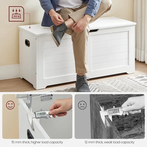 Miniatura 6 de VASAGLE Baúl de almacenamiento, banco de almacenamiento con 2 bisagras de seguridad, estilo casa de campo, 15.7 x 39.4 x 18.1 pulgadas, para Blanco