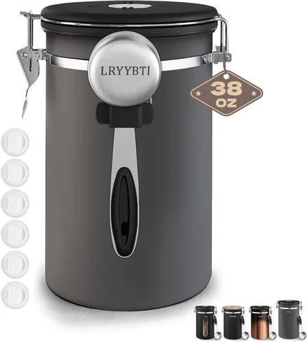 Miniatura 11 de Recipientes de café con ventana, cuchara y tapa hermética de acero inoxidable para almacenamiento de granos de café en la cocina (22 oz/negro)
