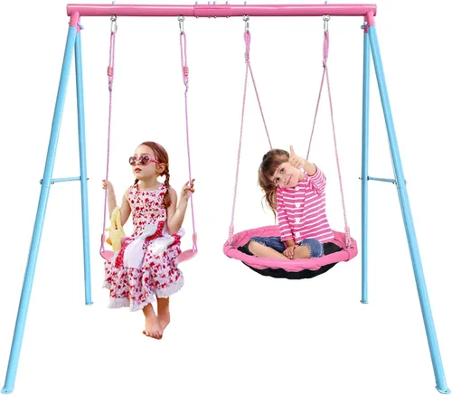 JYGOPLA Juego de columpios para niños de 2 asientos con capacidad de 440lbs para el patio trasero, 1 columpio de árbol de platillo de 32 pulgadas, 1