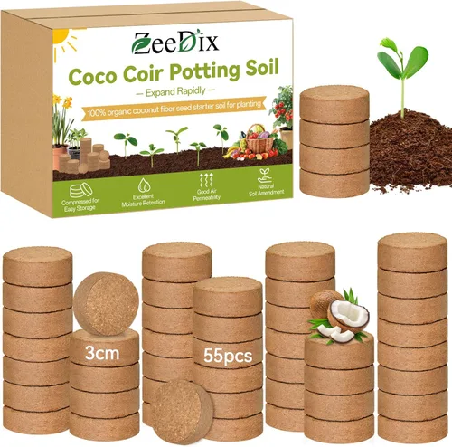 ZeeDix Paquete de 50 pellets de iniciación de semillas de coco orgánico de 1.181 in, discos de tierra de fibra de coco comprimido, mezcla de tierra