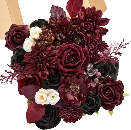 Miniatura 8 de Serwalin Flores de seda, flores artificiales burdeos para decoración de boda, rosas falsas rosas rosas y rojas con tallos y caja de vegetación, A