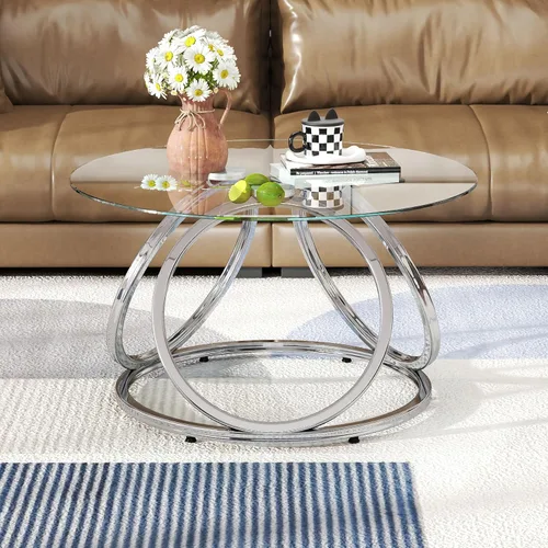 Mesa de café plateada O&K FURNITURE, mesa de café moderna de cristal para sala de estar con marcos en forma de anillo, mesa de café de cristal para