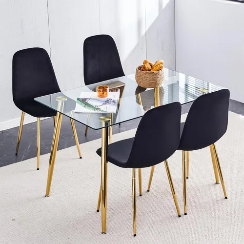 Miniatura 33 de Juego de mesa de comedor en blanco y negro de 51 pulgadas para 4, mesa de cristal minimalista moderna y 4 sillas tapizadas de piel sintética