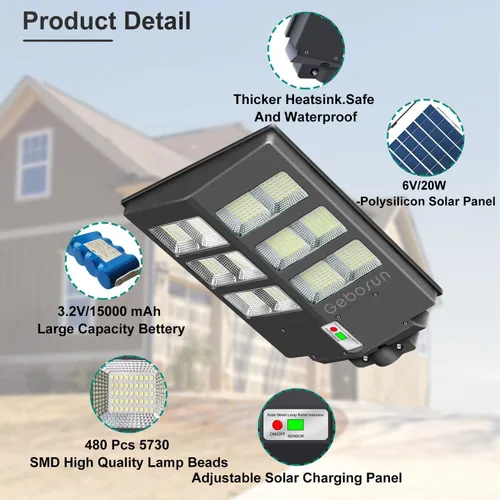 Miniatura 5 de Gebosun Luz de inundación solar de 600 W para exteriores, 60000 lm 7000 K, luz solar LED de seguridad solar IP65 impermeable del atardecer al