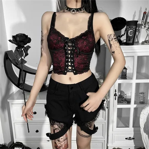 Miniatura 2 de Camisetas sin mangas para mujer, estilo gótico, estilo grunge, vintage, sin mangas, sexy, de malla, con volantes