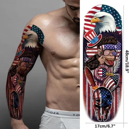 Miniatura 5 de Mangas temporales para tatuaje del 4 de julio para hombres y mujeres, 4 hojas grandes de brazo completo de Estados Unidos, patriótico 4 de julio