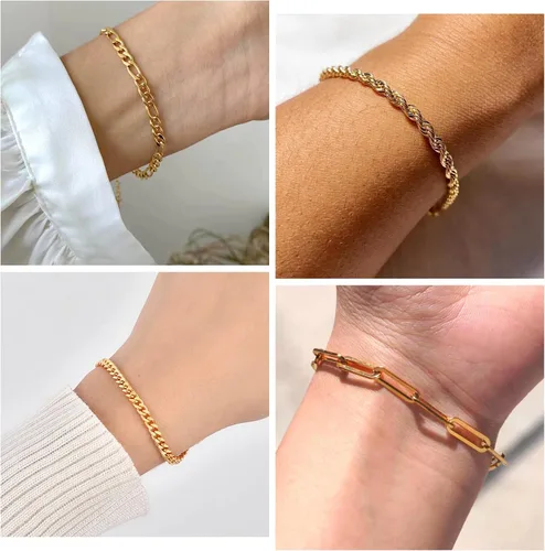 Miniatura 6 de KesaPlan Pulsera de moda para mujer, chapado en oro real de 14 quilates, delicado eslabón cubano con clip de cuerda, paquete de pulseras para niñas