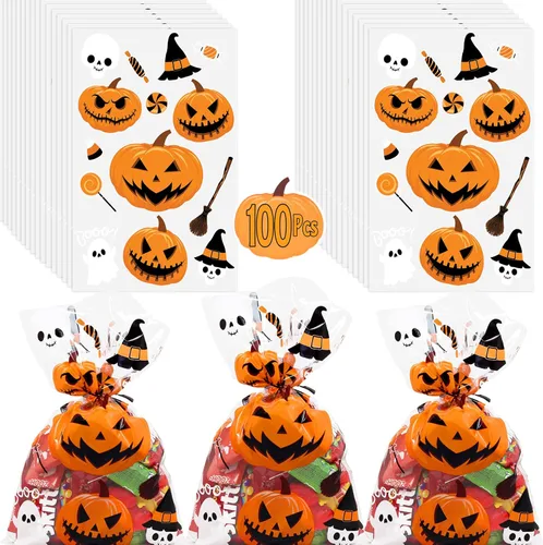 AnapoliZ Bolsas de regalo de Halloween | 100 piezas (6 x 9 pulgadas) | Bolsas de celofán transparente de 2.5 mil con divertidos diseños aterradores