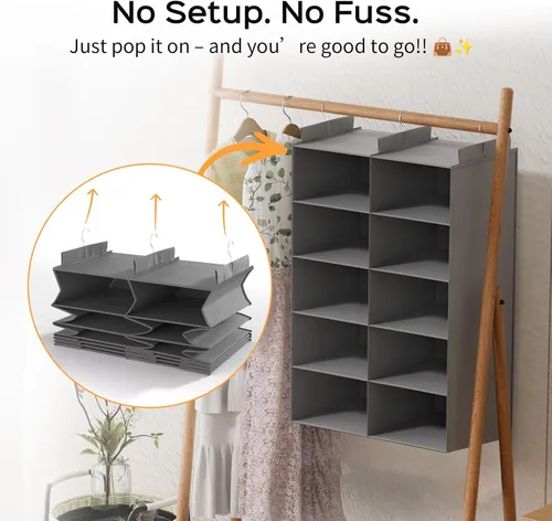 Miniatura 4 de ALLTIDYUP Organizador de Armario Colgante de 5 Estantes – Organizador de Ropa Plegable de Doble Fila con 3 Ganchos, Organizador de Armario y Gris
