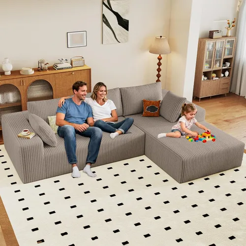 Miniatura 64 de Sofá seccional modular de 96", sofá en forma de L tipo nube sin estructura con chaise lounge, tapizado de pana con asiento profundo de espuma Negro
