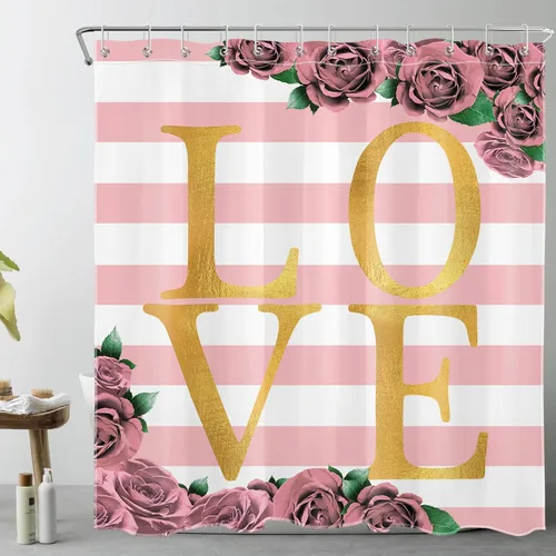 Miniatura 10 de LB Cortina de ducha con diseño de flores rojas y rosas para el día de San Valentín, diseño de hojas verdes y doradas, cortinas de ducha para baño