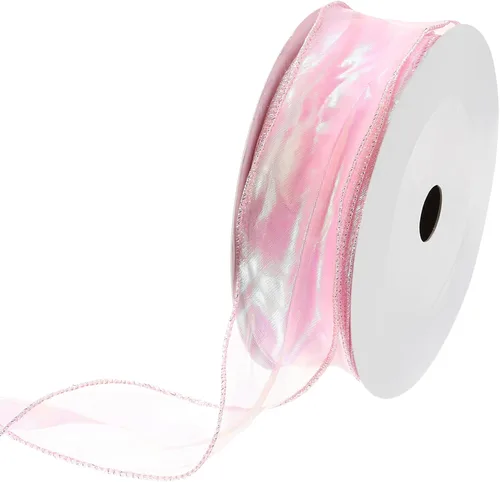 Miniatura 23 de MECCANIXITY - Cinta de organza con cable de 1 1/2" de ancho, brillante, transparente, con brillo irisado en tonos pastel, cinta de gasa para Beige