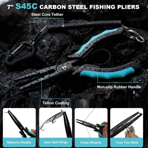 Miniatura 3 de BasicGear Juego de herramientas de pesca - Alicates de 7 pulgadas, pinza de labio de pez de 9.5 pulgadas, tijeras de 4.5 pulgadas, cuchillo