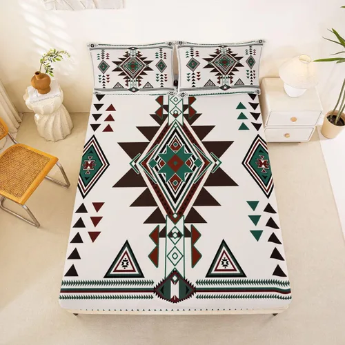 Miniatura 58 de Juego de ropa de cama occidental tamaño individual, sábanas aztecas, estilo nórdico exótico, bohemio, sábana bajera ajustable de tribu india