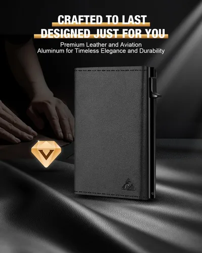 Miniatura 7 de Cartera Tarjetero para Hombres - Estuche de Aluminio Desplegable, Cuero de Microfibra Flexible Premium, Cartera Inteligente para Hombres, Bloqueo