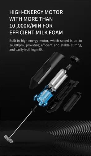 Miniatura 7 de Potente espumador de leche para café, mezclador de bebidas rápido de mano con batidor de acero inoxidable, agitador de mano a pilas - negro