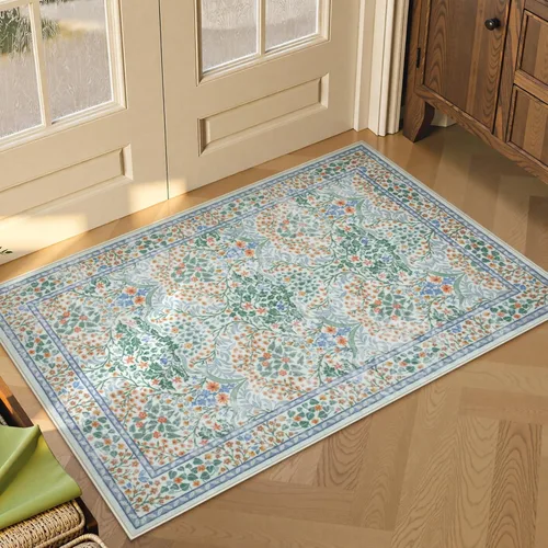 Miniatura 13 de Lahome Tapete floral lavable, suave, para entrada y cocina, 2 x 3 pies, antideslizante, bohemio, ultradelgado, fácil de limpiar, para interior, Azul
