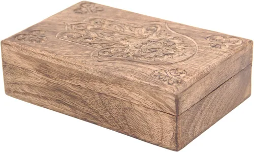 DharmaObjects Hamsa Hand of Fatima - Caja de almacenamiento de madera tallada a mano para joyería, recuerdo (mano de atima, L)