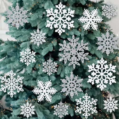 Miniatura 8 de 49 piezas de adornos de Navidad, decoraciones de copo de nieve en oferta - Adornos de Navidad azules con purpurina, copos de nieve colgantes