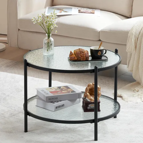 Miniatura 7 de VINGLI 65 cm Mesa pequeña redonda de centro de vidrio de onda de agua en negro mate, mesa central con diseño de almacenamiento moderno de 2 niveles