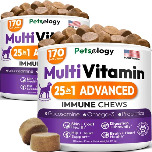 Miniatura 10 de Multivitamínico masticable para perros, vitaminas y suplementos para perros con glucosamina, 170 masticables, cadera y articulaciones, apoyo