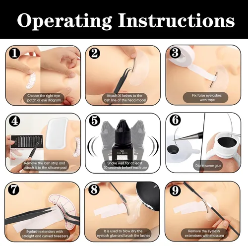 Miniatura 6 de Kit de extensión de pestañas para principiantes, con cabeza de maniquí, pegamento de pestañas individual, removedor de pestañas, abanico, Rosa