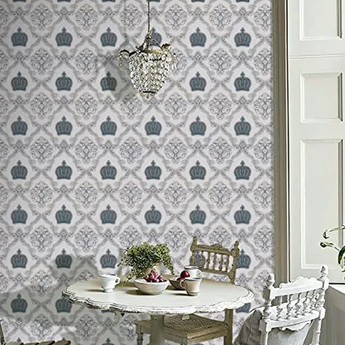 J8358 Papel tapiz de damasco para despegar y pegar de 17.7 pulgadas x 9.8 pies, papel de contacto autoadhesivo extraíble azul/gris, papel de