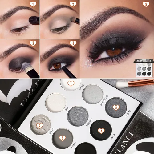 Miniatura 3 de DE'LANCI PANDA - Paleta de sombras de ojos ahumadas negras, 9 colores verdaderos, negro, gris oscuro, ahumado, gótico, paleta de maquillaje, 9 tonos