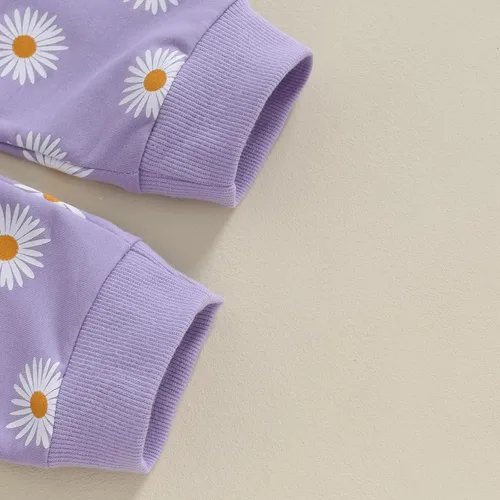 Miniatura 5 de Conjunto de 3 piezas de sudadera de margaritas + pantalones + diadema, ropa infantil de otoño e invierno