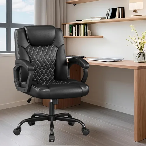Miniatura 8 de Misolant Silla de oficina, silla de escritorio ejecutiva, cómodas sillas ejecutivas de piel sintética con reposabrazos fijo, altura ajustable, Negro