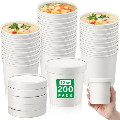 Miniatura 8 de Irenare Paquete de 200 recipientes desechables de 12 onzas con tapas para sopa, helado, alimentos, frutas, cuencos de papel a granel con tapas