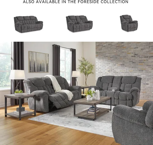 Miniatura 6 de Signature Design by Ashley Foreside - Sofá biplaza reclinable manual resistente a las manchas con consola, almacenamiento y portavasos, color gris