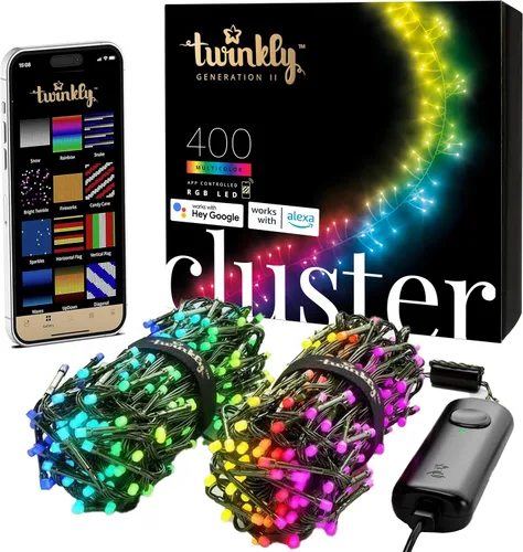 Miniatura 10 de Twinkly Cluster – Luces de Navidad LED controladas por aplicación con 400 LEDs AWW (ámbar, blanco cálido, blanco frío). 19.7 pies. Cable verde.