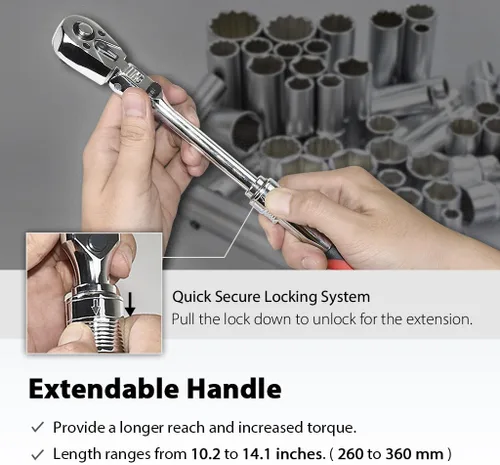 Miniatura 4 de FIRSTINFO F3222NC - Llave de trinquete extensible flexible y con bloqueo de accionamiento de 3/8 pulgadas, reversible, agarre suave con acción