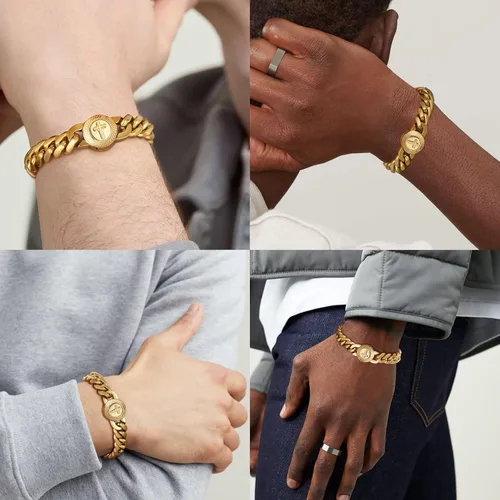 Miniatura 4 de KRKC&CO - Pulsera de eslabones cubanos de 12/0.551 in para hombre, chapada en oro de 18 quilates, cruz, brújula, calaveras redondas, cierre tallado