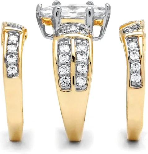 Miniatura 2 de Juego de 3 anillos de novia de oro amarillo de 14 quilates sobre plata de ley con circonita cúbica de corte marquesa