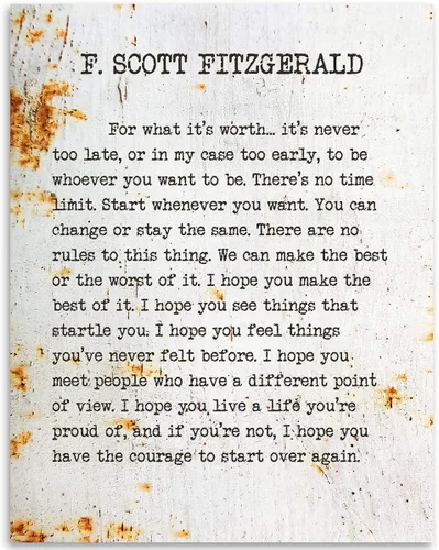 F. Scott Fitzgerald - Por lo que vale la pena - Fondo de aspecto metálico - Impresión de página de libro de tipografía sin marco de 11x14 - Gran