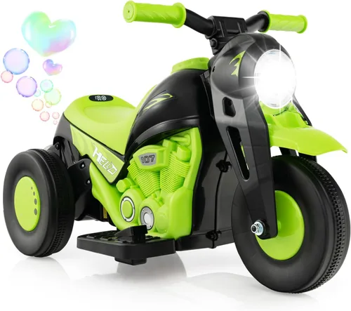 Costzon Motocicleta Infantil, Motocicleta para Montar con Batería de 6 V, con Fabricador de Burbujas, Música, Faro LED, Hacia Adelante y Hacia Verde