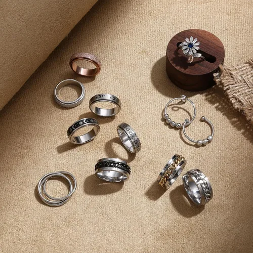 Miniatura 6 de FASACCO 12 piezas de anillos de ansiedad para hombres y mujeres - Anillos giratorios para aliviar la ansiedad y el estrés, con flores, luna