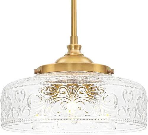 Miniatura 8 de 3 luces colgantes ajustables para isla de cocina, metal cepillado dorado y vidrio transparente, luces colgantes de latón vintage para baño, pasillo