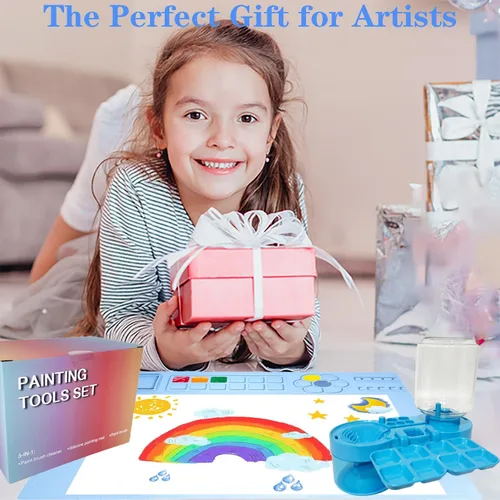 Miniatura 7 de Estación de pintura, limpiador de pinceles de pintura (actualizado) y alfombrilla de pintura de silicona de 20" × 16" con 10 pinceles de pintura