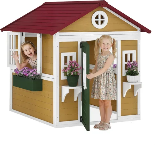 Outsunny - Casa de juegos para niños al aire libre, casa de juegos de madera con puerta holandesa, ventanas, soportes para flores y cajas para niños