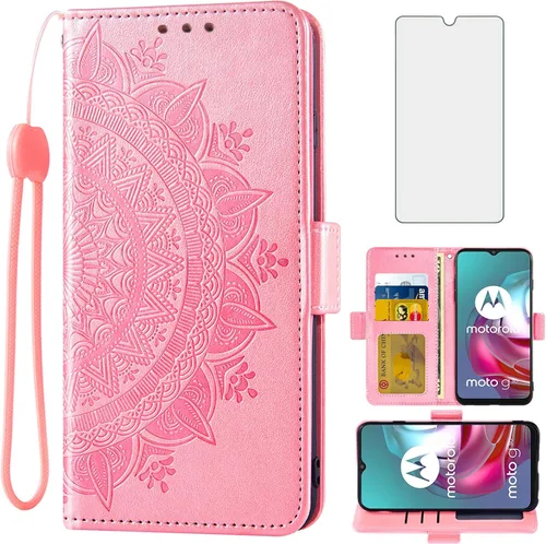 Asuwish Compatible con Moto G30/G20/G10/10 Power 2021 - Funda tipo cartera de vidrio templado, protector de pantalla con correa de muñeca para